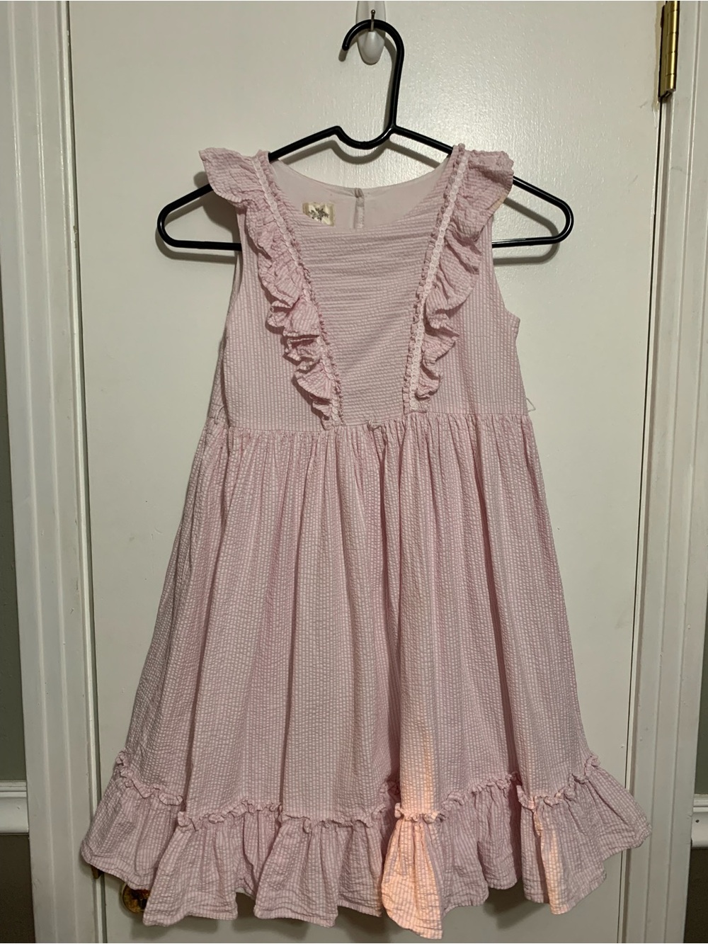 Laura Ashley London Girls Pink Seersucker Ruffle Dress Size 10 Cottagecore